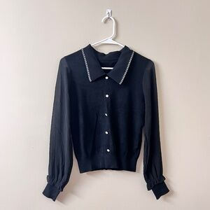 J.ING Black Collared Cardigan with Sheer Sleeves (One size)